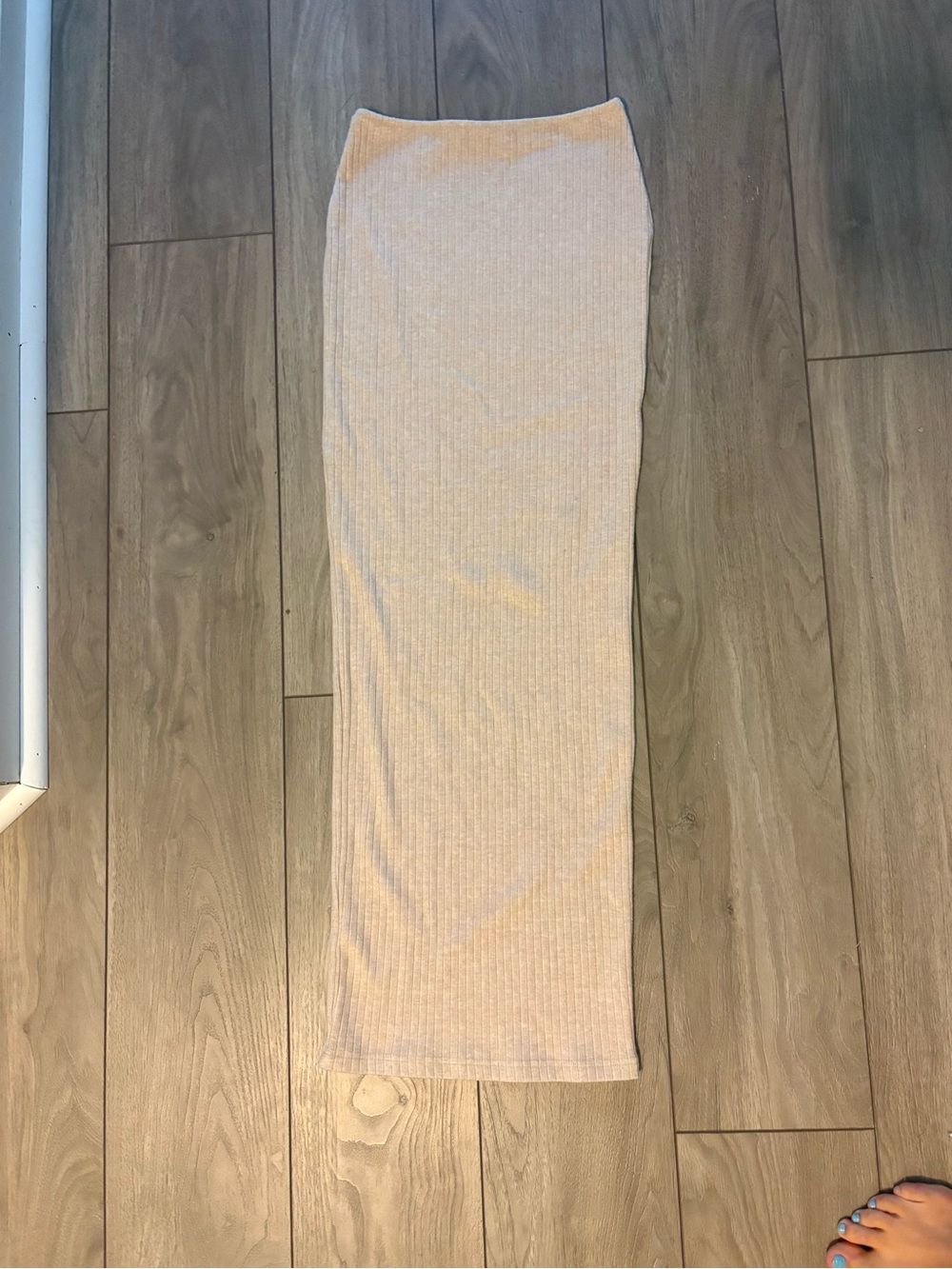 White Fox Ribbed Knit strapless bodycon dress